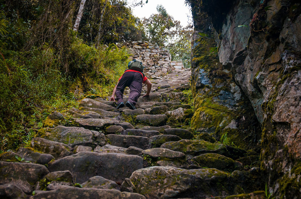 Step climb up the Intipunku Steps - Inca Trail