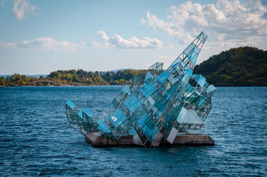 She Lies floating art sculpture - Oslo