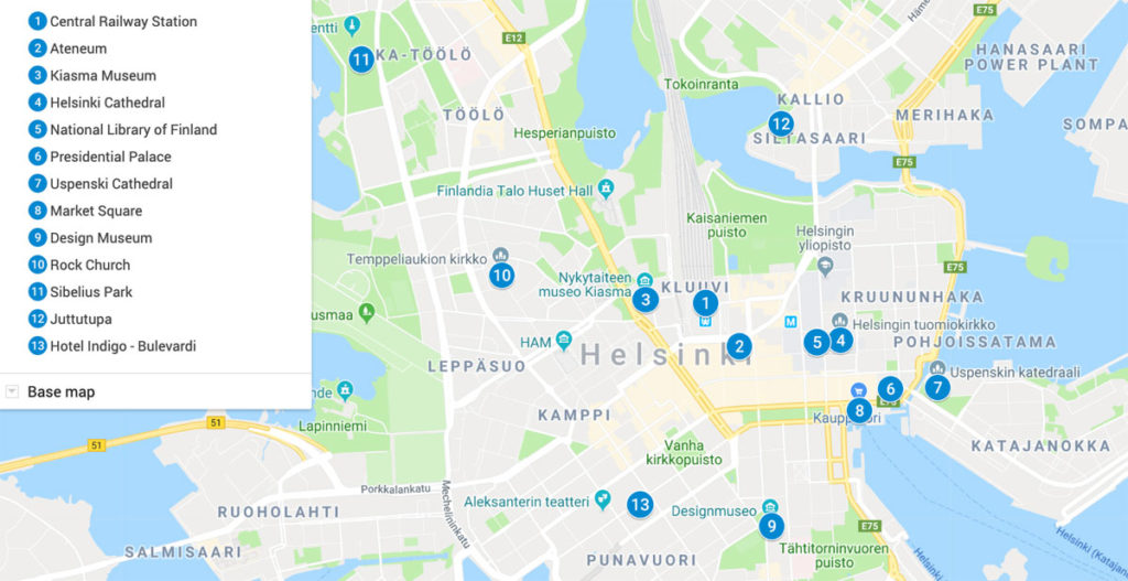 Map of Helsinki showing the places Ed has visited - Helsinki