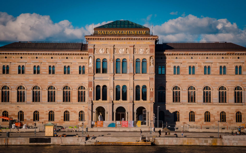 View in front of the brown-bricked building of the National Museum in Stockholm
