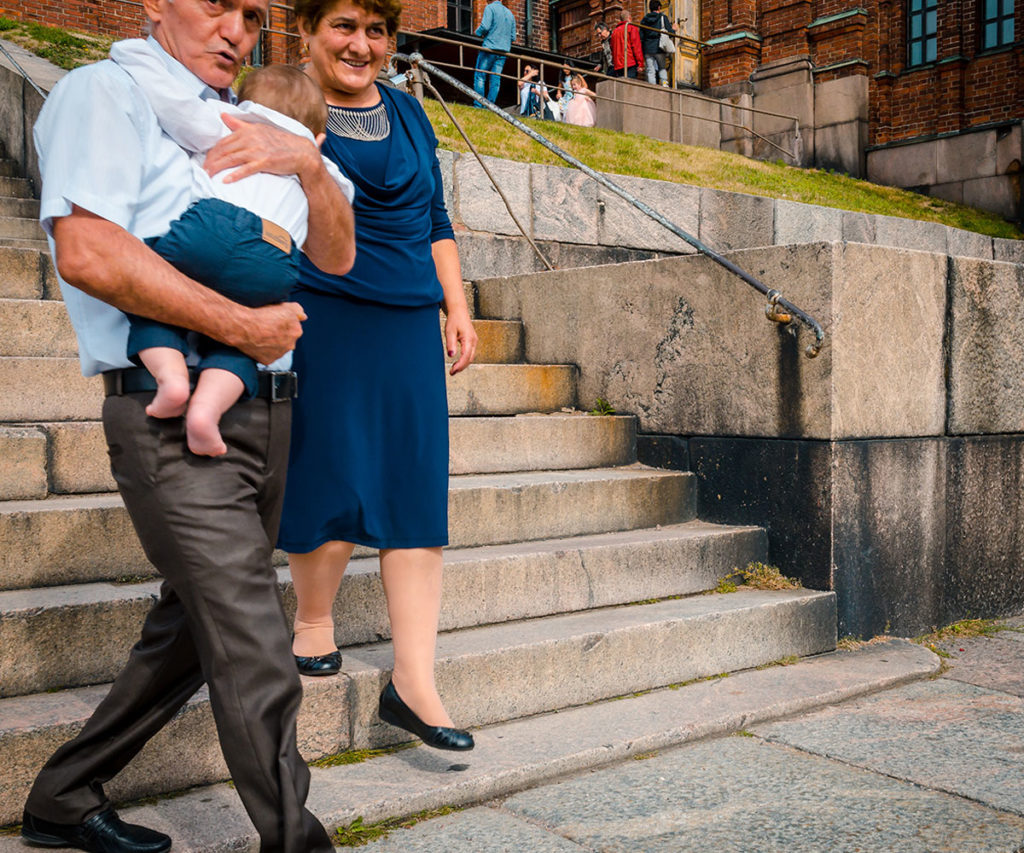 Grandparents baby grandson after baptism - Helsinki Cathedral
