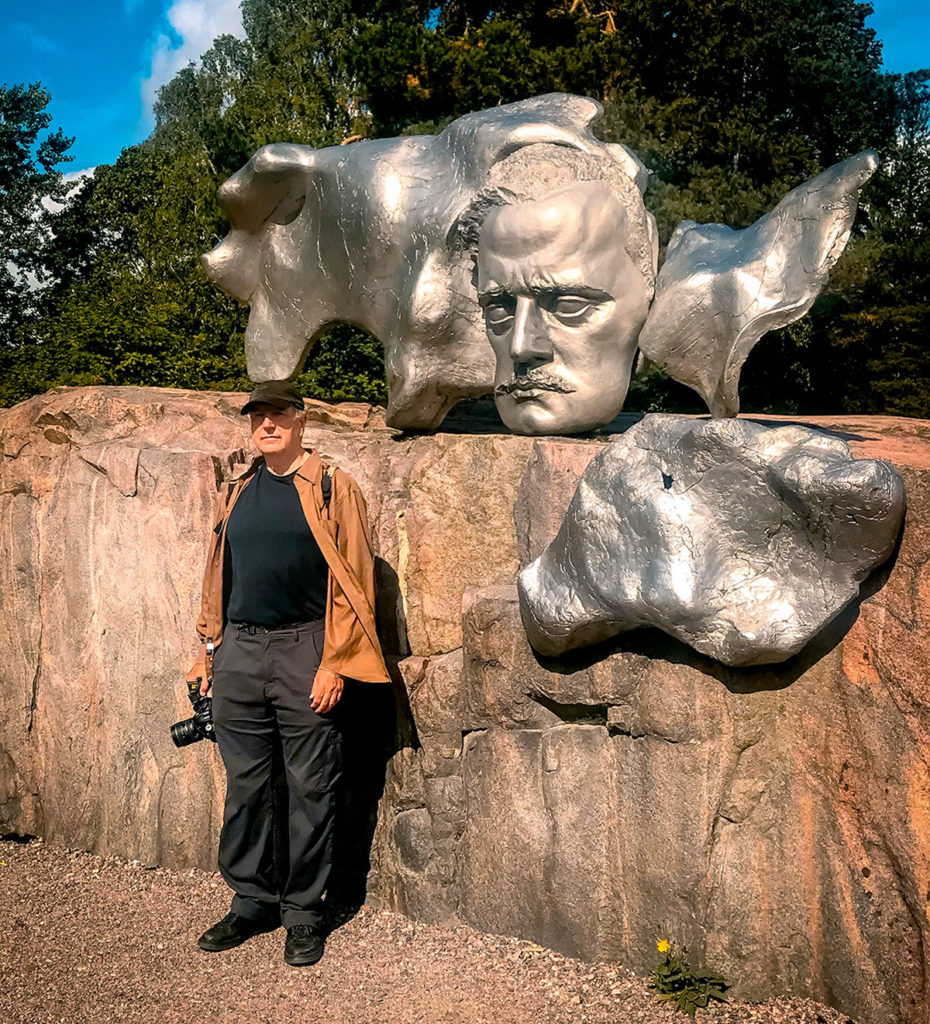 Ed in front of Jean Sibelius face sculpture - Sibelius Park