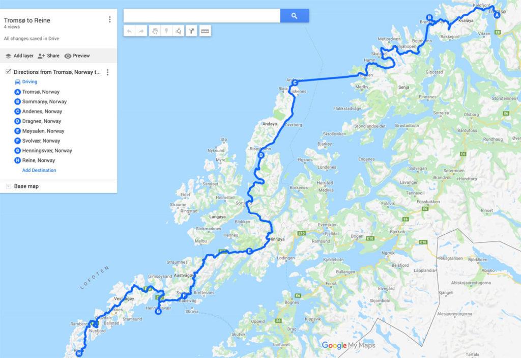 Map showing coastal driving route from Tromsø to Reine - Norway