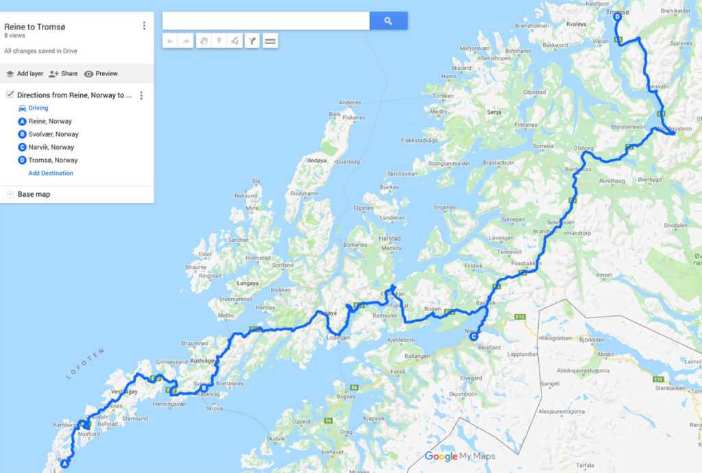 Map showing route from Reine to Tromsø - Norway