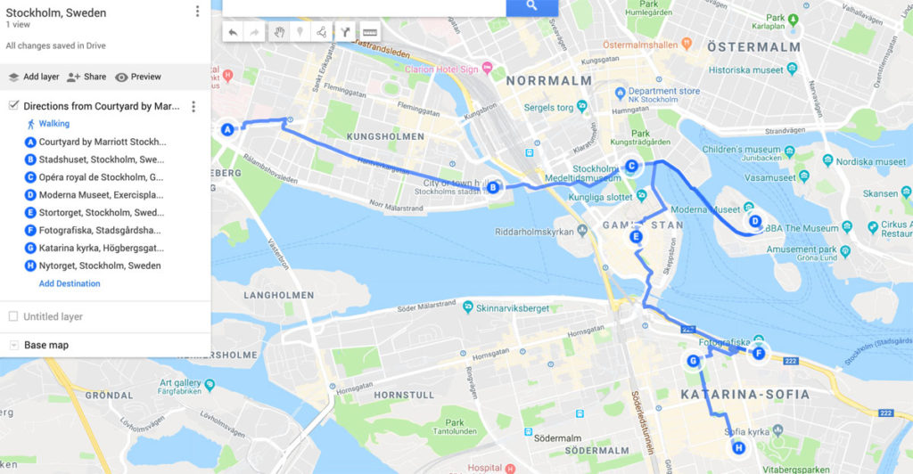 Map of Stockholm, Sweden showing the places Exploring Ed has visited on the left