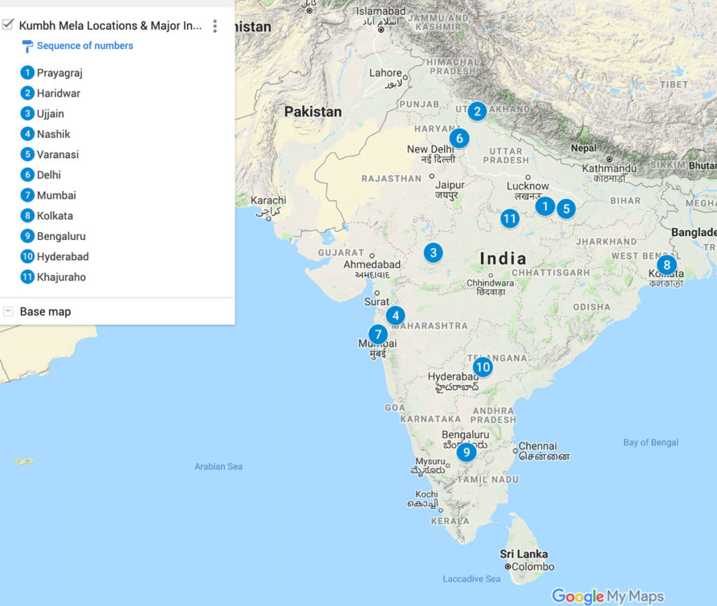 Map showing locations of the Kumbh Mela - India