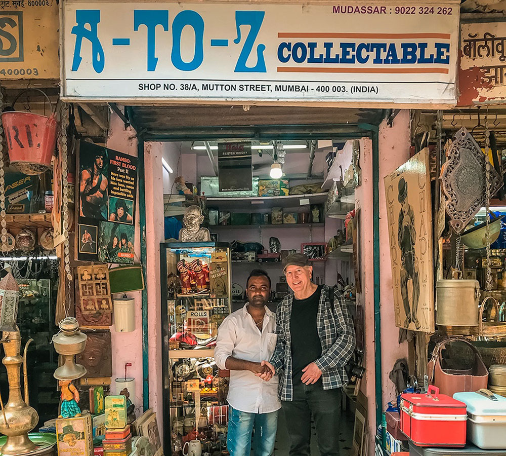 Ed with curios shop owner - Mumbai