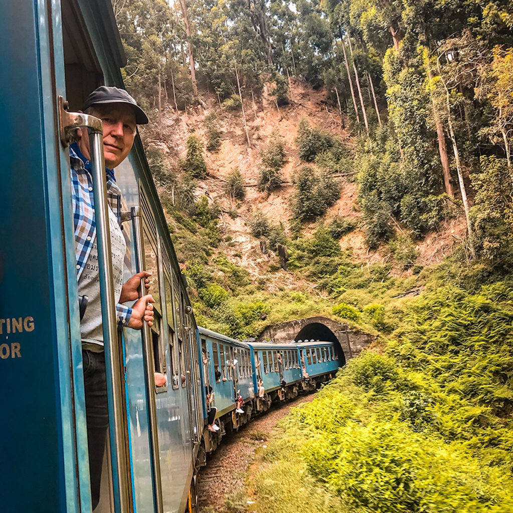 Ed on a train entering a tunnel - Sri Lanka