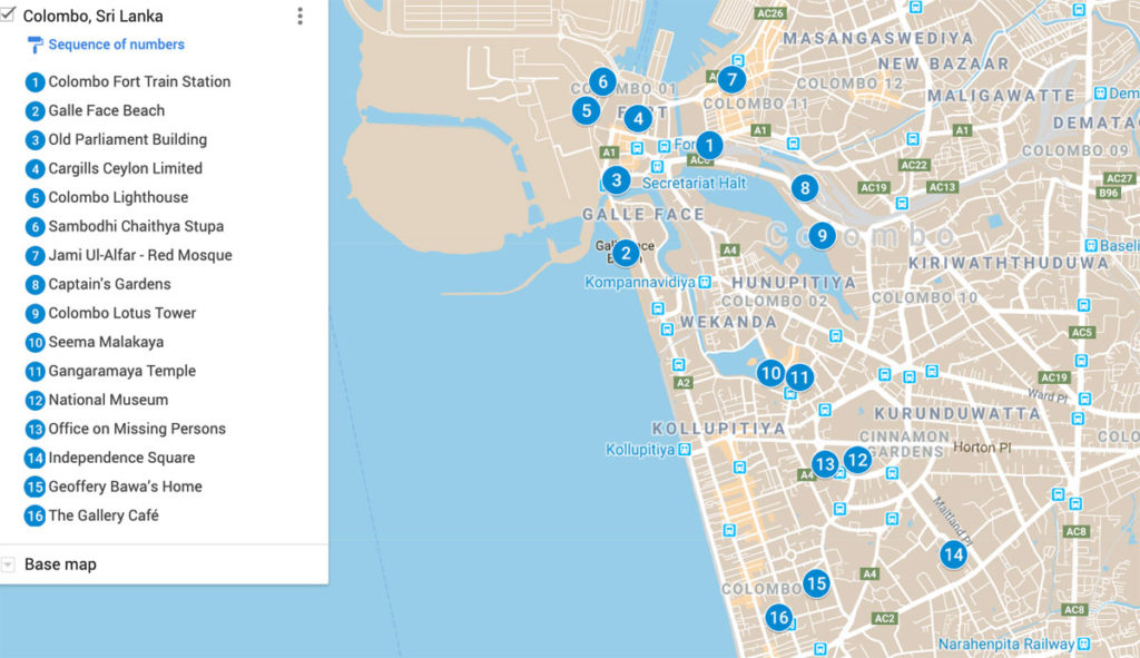 Map showing the places in Colombo Ed had visited - Colombo