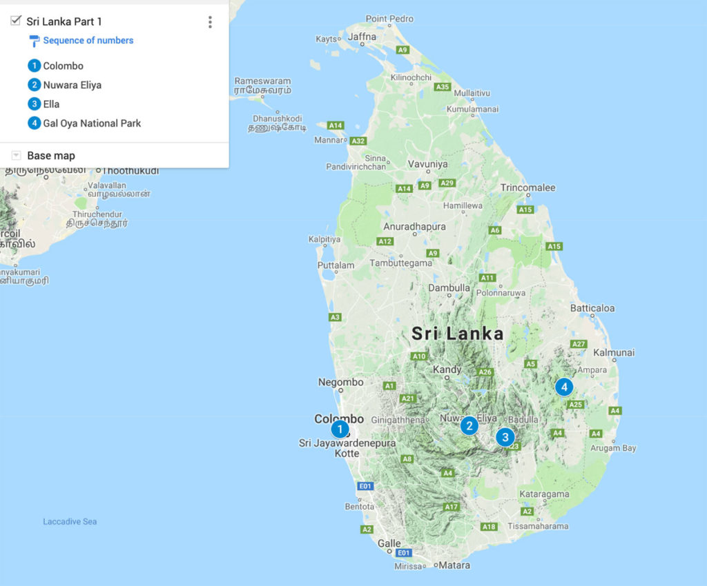 Map showing the places in Sri Lanka Ed visited - Sri Lanka
