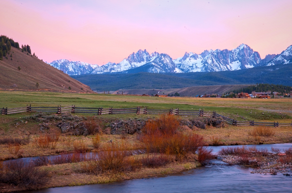 Sawtooth Mountains and Salmon River at sunset
