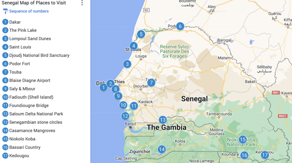 Map of Places to Visit in Senegal